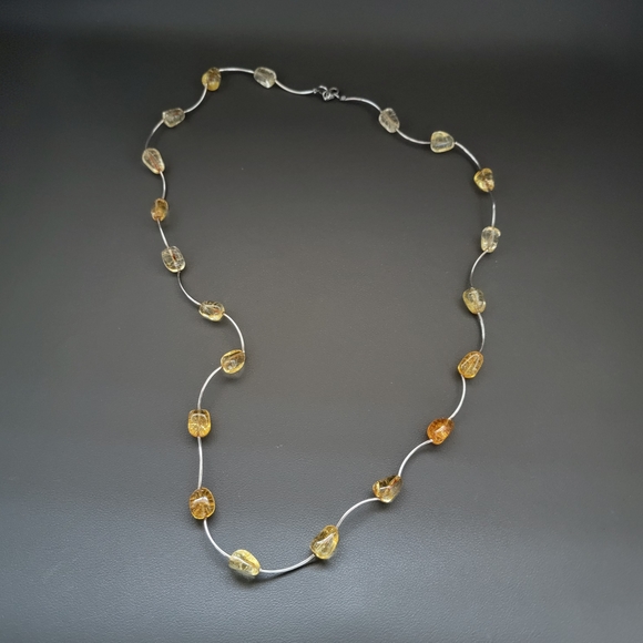 Natural Citrine Nugget Necklace 925 Sterling Silver Scalloped Wire Strand - Picture 2 of 8